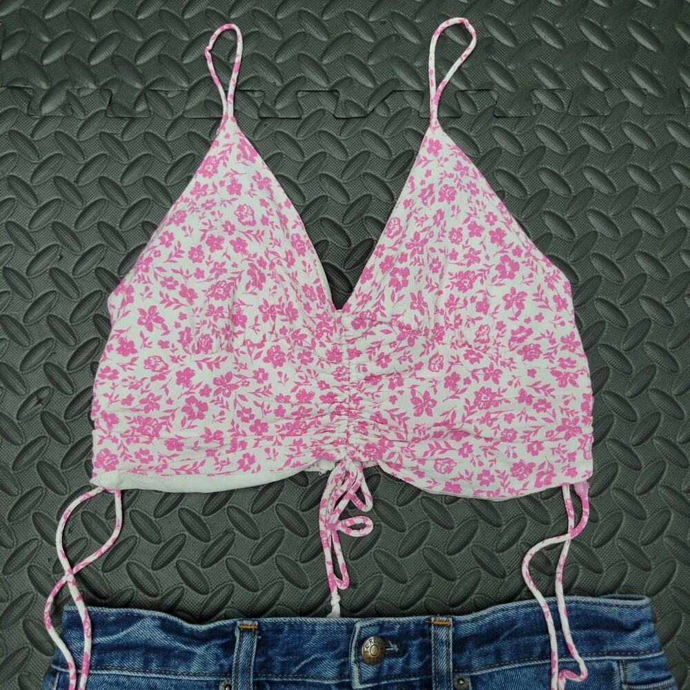 Sky to Moon Pink Floral Corset Style Crop Top Large Lace Up Coquette Festival